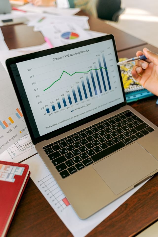 Laptop displaying data analytics charts